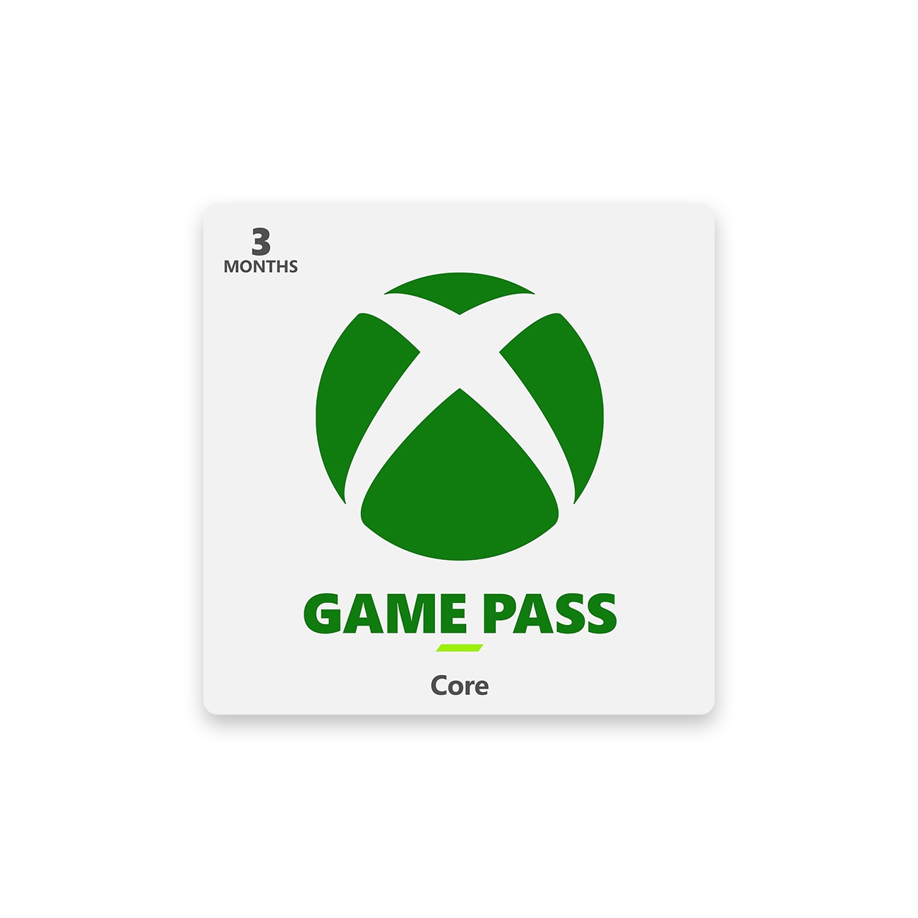 A three-month Xbox Game Pass Core membership card is shown, offering access to a library of Xbox games.