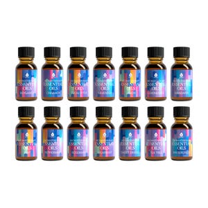 A collection of 12 aromatherapy essential oils, each in a small amber bottle with a colorful label. Varieties include bergamot, cinnamon, eucalyptus, lavender, lemon, lemongrass, mandarin, mint, peppermint, rosemary, sweet orange, tea tree, and wintergreen.