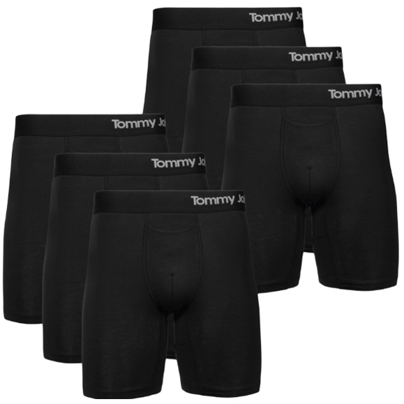 6-pack of black Tommy John boxer briefs featuring a sleek design with a branded waistband.