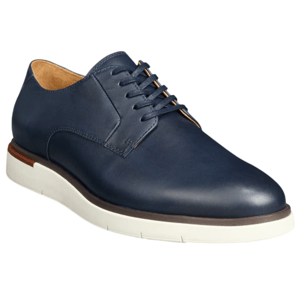 Navy blue leather derby shoe with white rubber sole, featuring lace-up closures and a sleek, modern design.