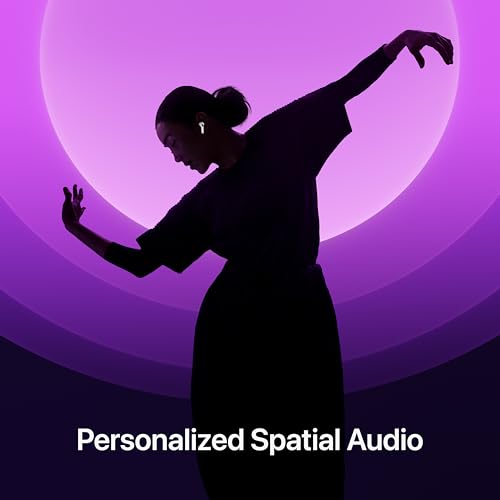 Silhouette of a person dancing against a purple background, highlighting Personalized Spatial Audio, a feature likely associated with AirPods.