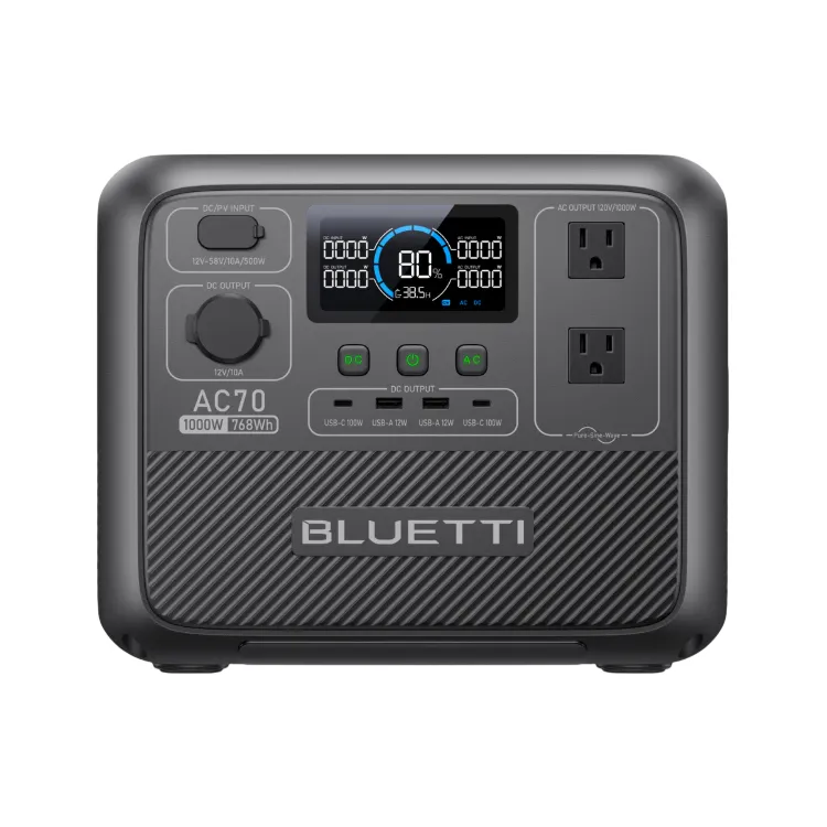 Portable power station, Bluetti AC70, with a capacity of 768Wh and a power output of 1000W, featuring various output ports including AC and USB, and an LED display indicating charge status.
