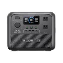 Portable power station, Bluetti AC70, with a capacity of 768Wh and a power output of 1000W, featuring various output ports including AC and USB, and an LED display indicating charge status.