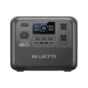 Portable power station, Bluetti AC70, with a capacity of 768Wh and a power output of 1000W, featuring various output ports including AC and USB, and an LED display indicating charge status.