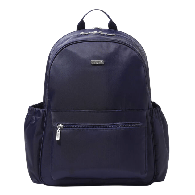 A navy blue backpack with a front zippered pocket, two side pockets, and a top carrying handle.