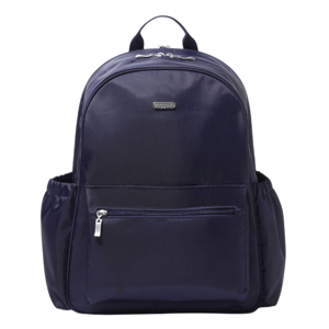 A navy blue backpack with a front zippered pocket, two side pockets, and a top carrying handle.