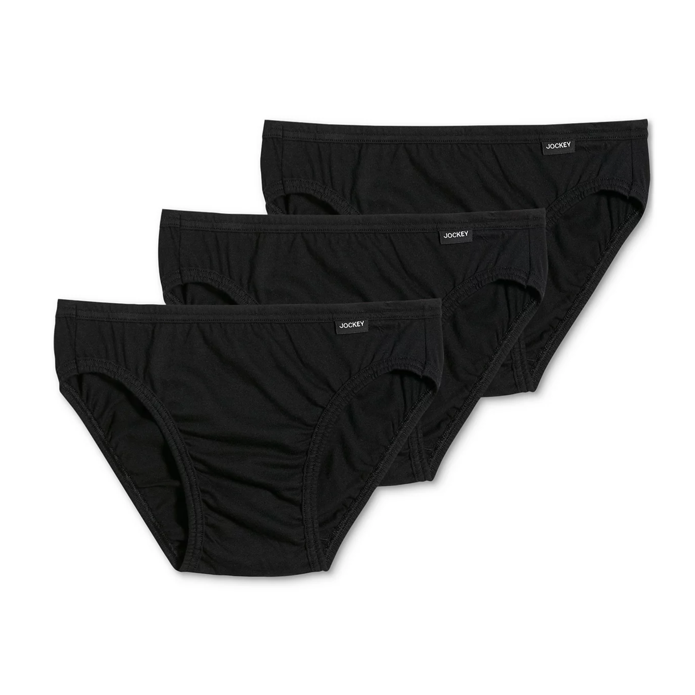 Three black men's briefs with \“Jockey\“ branding on the waistband.