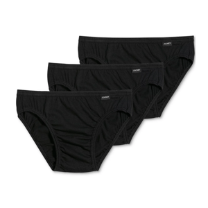 Three black men's briefs with \“Jockey\“ branding on the waistband.