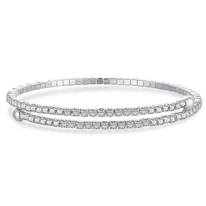 A double-row silver bracelet featuring two parallel lines of clear gemstones. The bracelet has a flexible design with round bead accents at the ends.