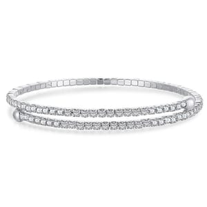 A double-row silver bracelet featuring two parallel lines of clear gemstones. The bracelet has a flexible design with round bead accents at the ends.