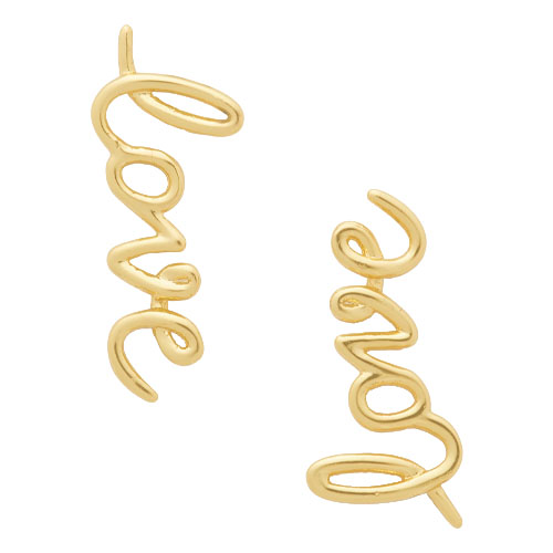 Gold earrings designed with the word \“love\“ in a cursive script.