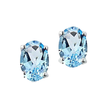 A pair of oval-cut blue gemstone stud earrings set in a four-prong silver setting.