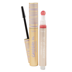 Two Tarte cosmetics items: a mascara tube with a black wand and a lip oil with a pink applicator tip.