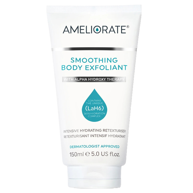 AMELIORATE Smoothing Body Exfoliant with Alpha Hydroxy Therapy, featuring the unique LaH6 skin hydration complex, 150ml (5.0 US fl. oz.), dermatologist-approved for intensive hydrating and retexturizing.