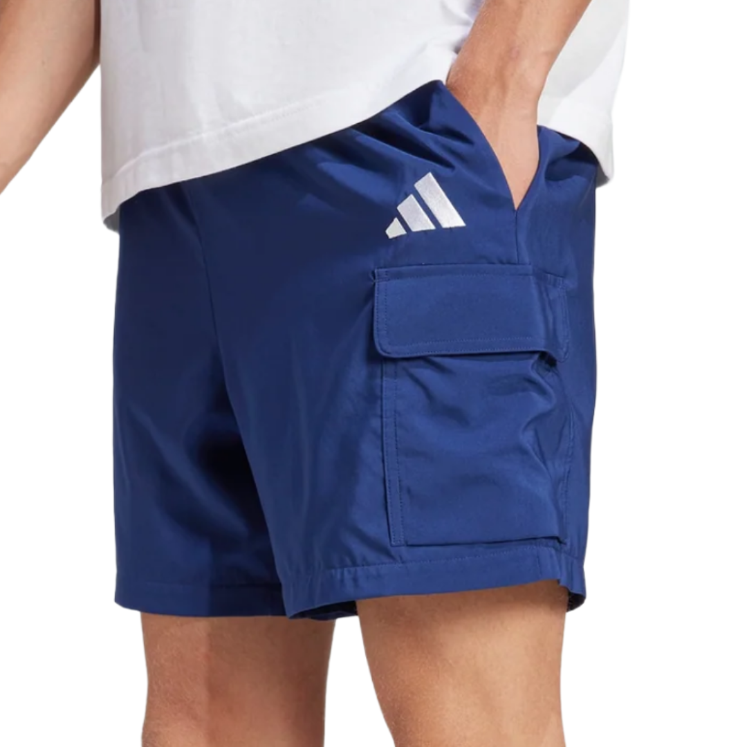 Blue shorts with a side cargo pocket and a white logo.