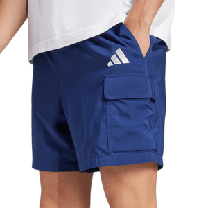 Blue shorts with a side cargo pocket and a white logo.