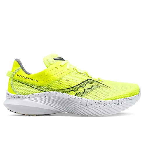 A bright yellow running shoe with a breathable mesh upper and a speckled white sole, labeled \“Kinvara 14\“ on the side.