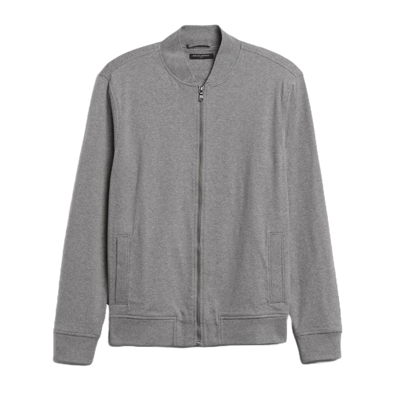 Gray zip-up bomber jacket with ribbed cuffs and hem, featuring a subtle texture and side pockets.