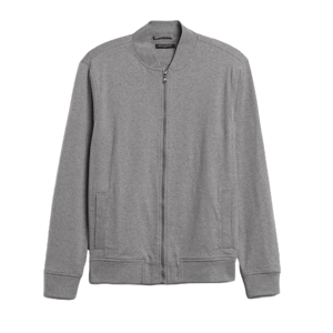 Gray zip-up bomber jacket with ribbed cuffs and hem, featuring a subtle texture and side pockets.