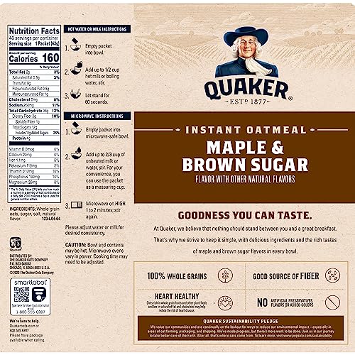 Box of Quaker Instant Oatmeal in Maple & Brown Sugar flavor, highlighting its nutritional facts and preparation instructions.