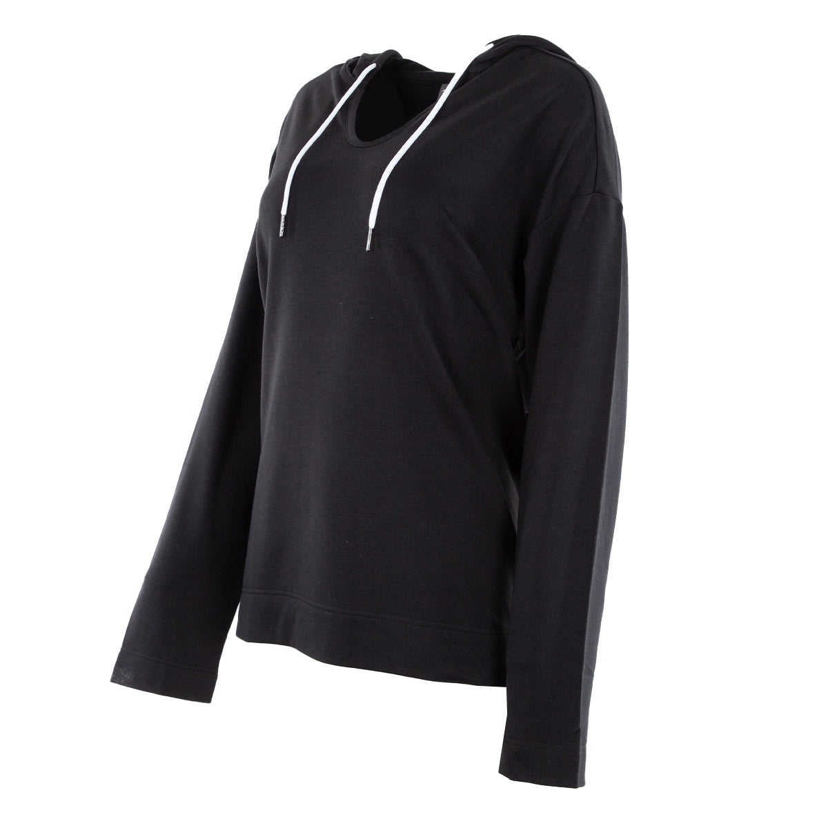 Two black Charlotte hoodies by Eddie Bauer with adjustable drawstrings at the hood and a relaxed fit. The hoodies feature long sleeves and a plain, solid-color design.