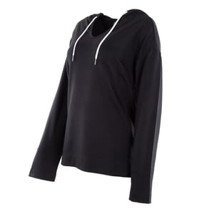 Two black Charlotte hoodies by Eddie Bauer with adjustable drawstrings at the hood and a relaxed fit. The hoodies feature long sleeves and a plain, solid-color design.