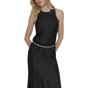 A black sleeveless dress with a textured fabric, featuring a silver chain belt at the waist. The dress has a modest high neckline and a flowing skirt.