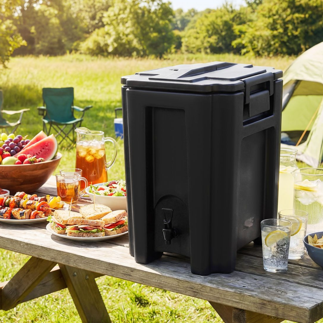 A large black beverage dispenser is on a picnic table surrounded by outdoor food items like sandwiches, fruit, salad, skewers, and drinks.