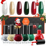 Modelones Christmas-themed gel nail polish set featuring six colors: silver, gold, red, dark green, glittery green, and glittery red. Festive packaging includes holiday decorations like Santa and bells.