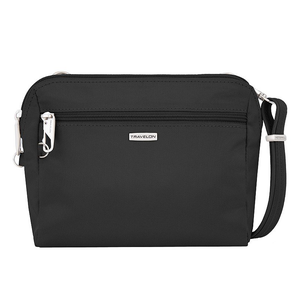 Black Travelon Anti-Theft Crossbody bag with a front zippered pocket, silver hardware, and an adjustable strap. The bag features a compact and sleek design ideal for secure daily use.