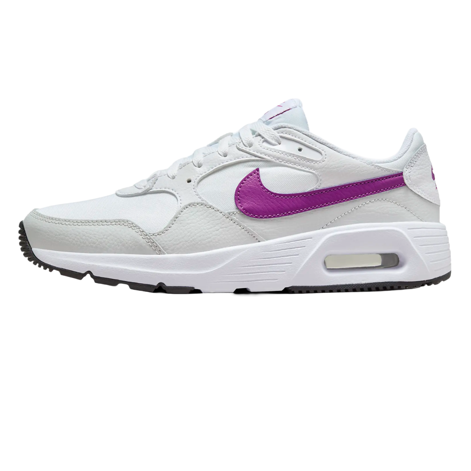 Nike Air Max SC shoes feature a white and light gray upper with a bold purple Swoosh, a visible air unit in the heel, and a black outsole, combining mesh and leather materials for casual comfort.