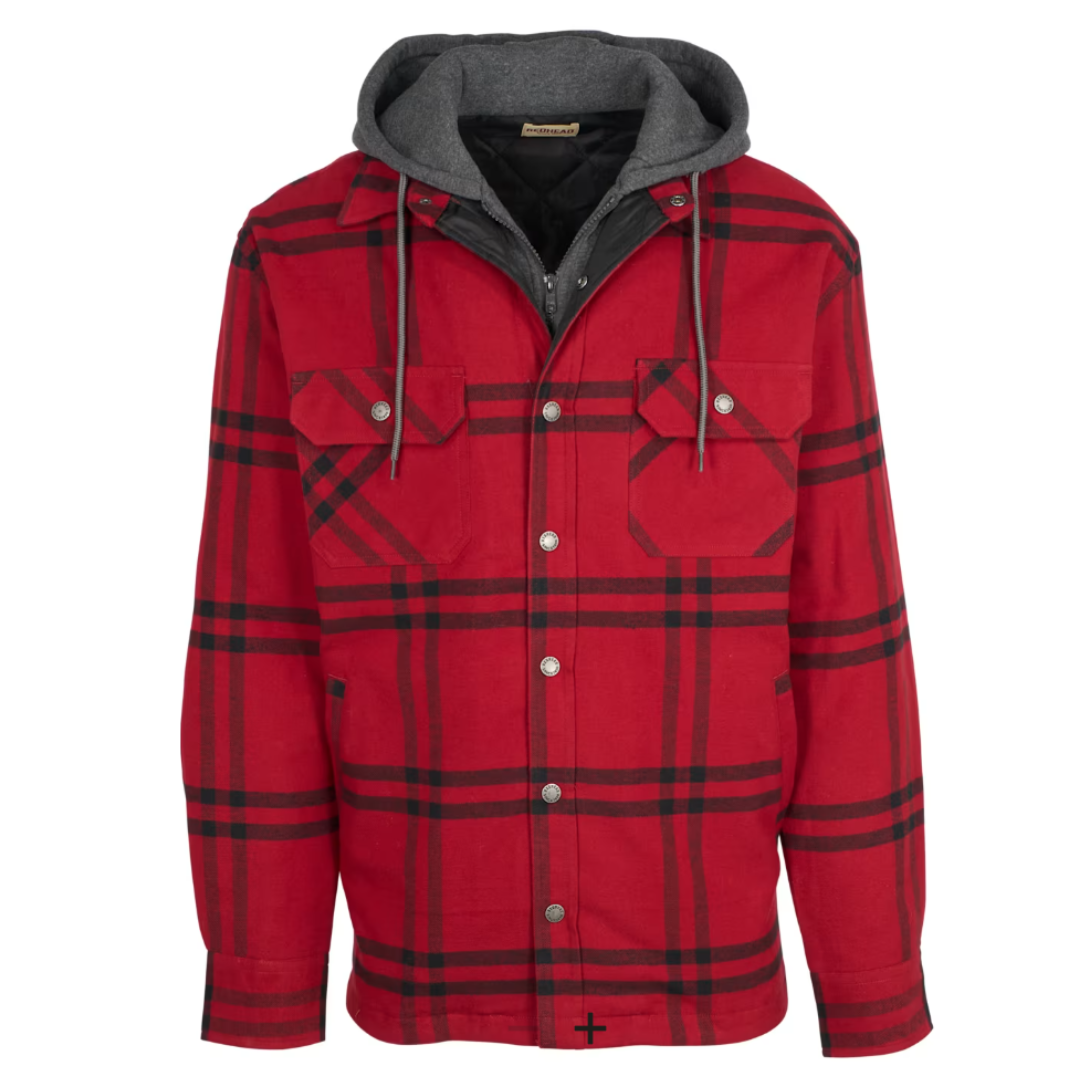 Red plaid jacket with a gray hood, featuring front snap buttons and chest pockets.