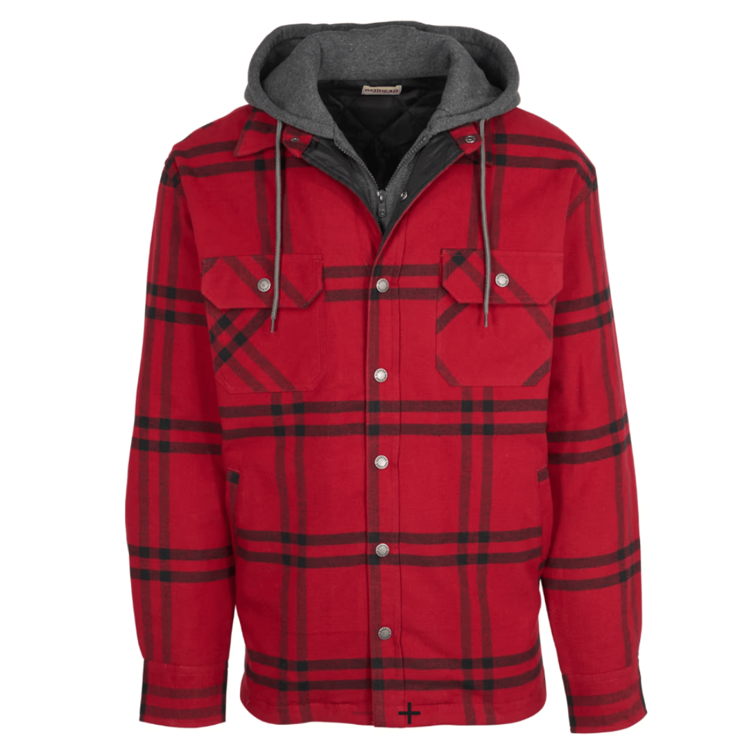 Red plaid jacket with a gray hood, featuring front snap buttons and chest pockets.