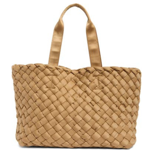 Tan woven tote bag with a textured braided pattern and sturdy handles.
