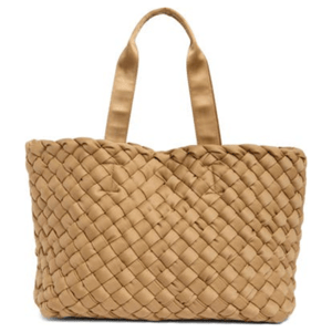 Tan woven tote bag with a textured braided pattern and sturdy handles.