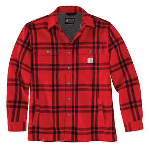 Red and black plaid Carhartt Sherpa Flannel Shirt Jacket with snap buttons, two chest pockets, and side pockets. Features a warm Sherpa lining and a classic collar.