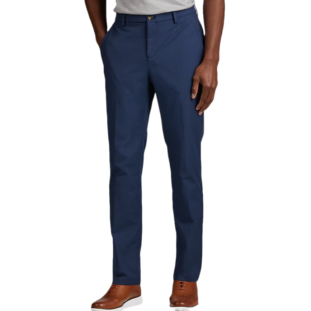 Navy blue tailored trousers paired with brown leather dress shoes.