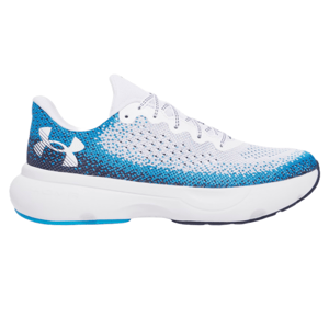UA Men's Infinite Shoes feature a white and blue gradient design with a knit upper, cushioned midsole, and visible logo on the side for comfort and style.