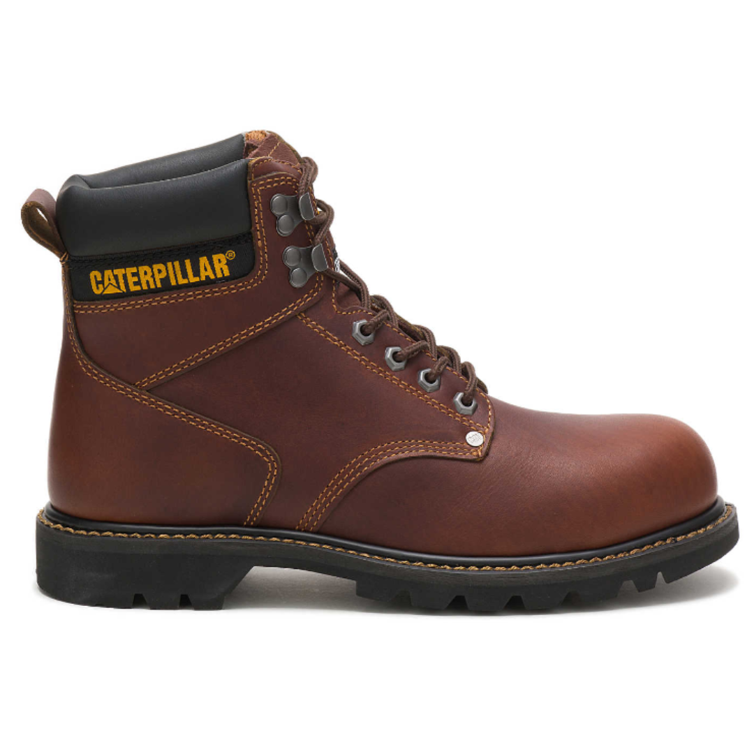 A brown lace-up Caterpillar work boot with a black padded collar, metal eyelets, and rugged sole, featuring the brand logo in yellow on the side.
