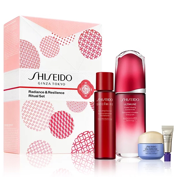 Shiseido Radiance & Resilience Ritual Set includes Ultimune Power Infusing Concentrate, Eudermine Revitalizing Essence, Vital Perfection Cream, and a small tube of sunscreen.