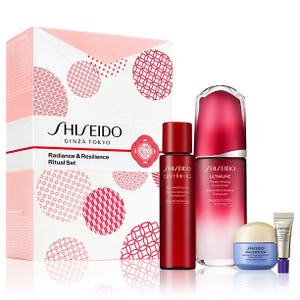 Shiseido Radiance & Resilience Ritual Set includes Ultimune Power Infusing Concentrate, Eudermine Revitalizing Essence, Vital Perfection Cream, and a small tube of sunscreen.