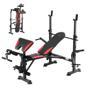 Multifunctional weight bench with adjustable incline, leg curl, and preacher curl pad in black and red. Features a foldable design for compact storage.