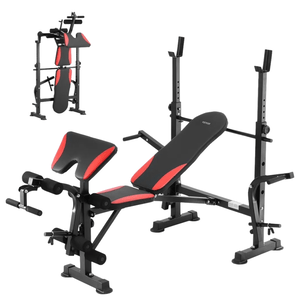 Multifunctional weight bench with adjustable incline, leg curl, and preacher curl pad in black and red. Features a foldable design for compact storage.