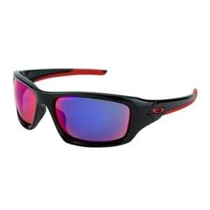 Sunglasses with black frames, red interior accents, and mirrored lenses featuring a gradient of blue and red hues.