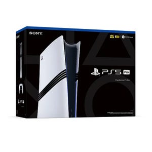 Box packaging for the PlayStation 5 Pro features the console prominently, highlighting capabilities such as 4K, HDR, and compatibility with PS5 games, in black and white with blue accents.