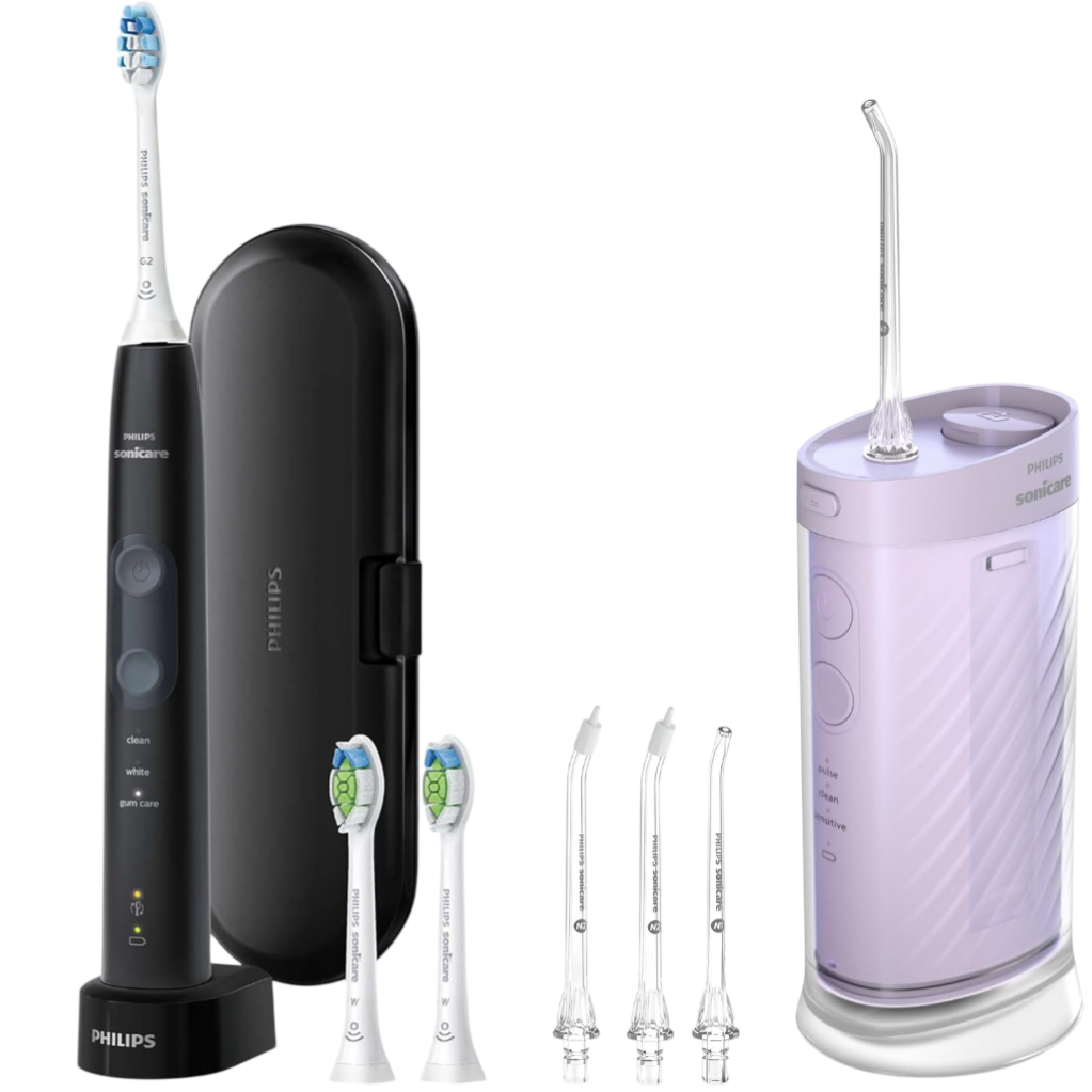 Philips Sonicare electric toothbrush with a charging base, travel case, three replacement brush heads, and a water flosser with additional nozzle attachments.