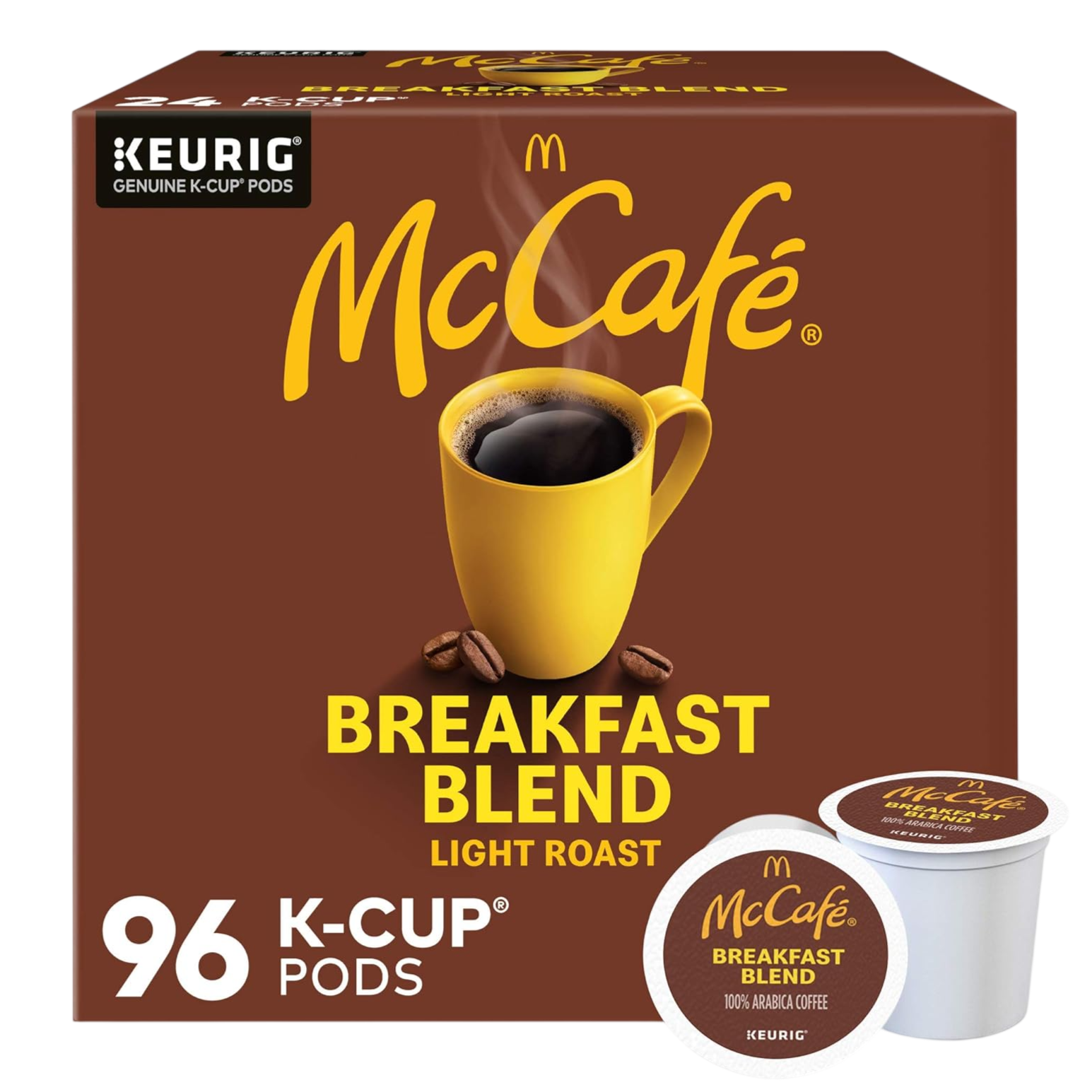 McCafé Breakfast Blend light roast coffee, compatible with Keurig machines, comes in a pack of 96 K-Cup pods.