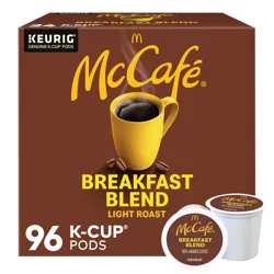 McCafé Breakfast Blend light roast coffee, compatible with Keurig machines, comes in a pack of 96 K-Cup pods.