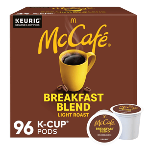 McCafé Breakfast Blend light roast coffee, compatible with Keurig machines, comes in a pack of 96 K-Cup pods.
