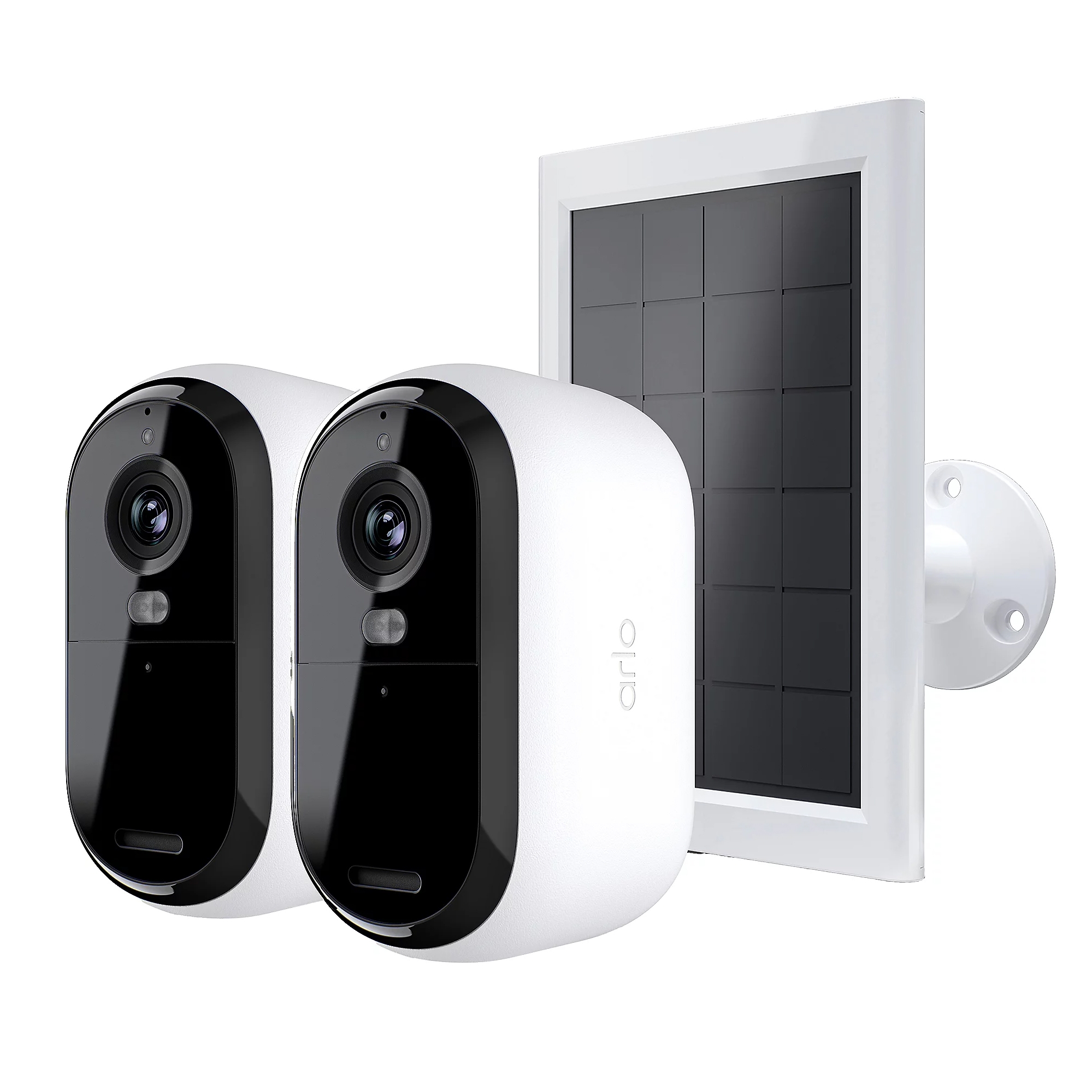 Two Arlo 2K security cameras with a sleek black and white design alongside a white solar panel, designed for wireless outdoor surveillance and renewable energy charging.